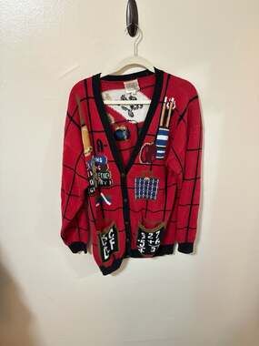Vintage 1993 Susan Bristol School Teacher Subject Novelty Knit Cardigan Sweater